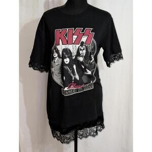 Forever 21 Kiss Dressed to Kill T-Shirt Dress W/ Black Lace Trim Sz S